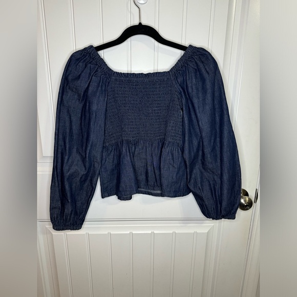 J Crew Long Puff Sleeve Chambray Top Dark Wash Smocked Top - Picture 5 of 5